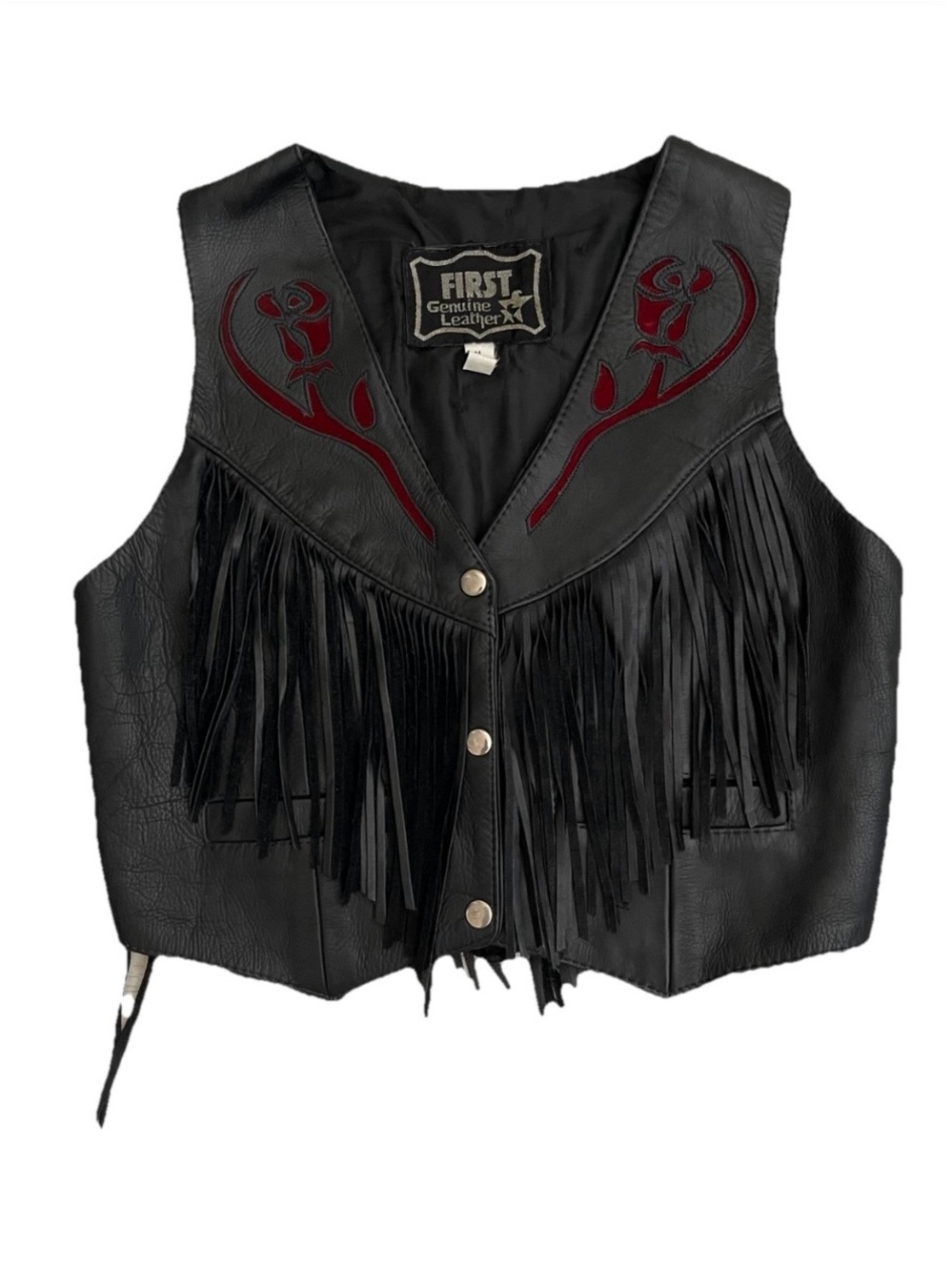 Vintage 90s Black Fringe Red Rose Genuine Leather Vest